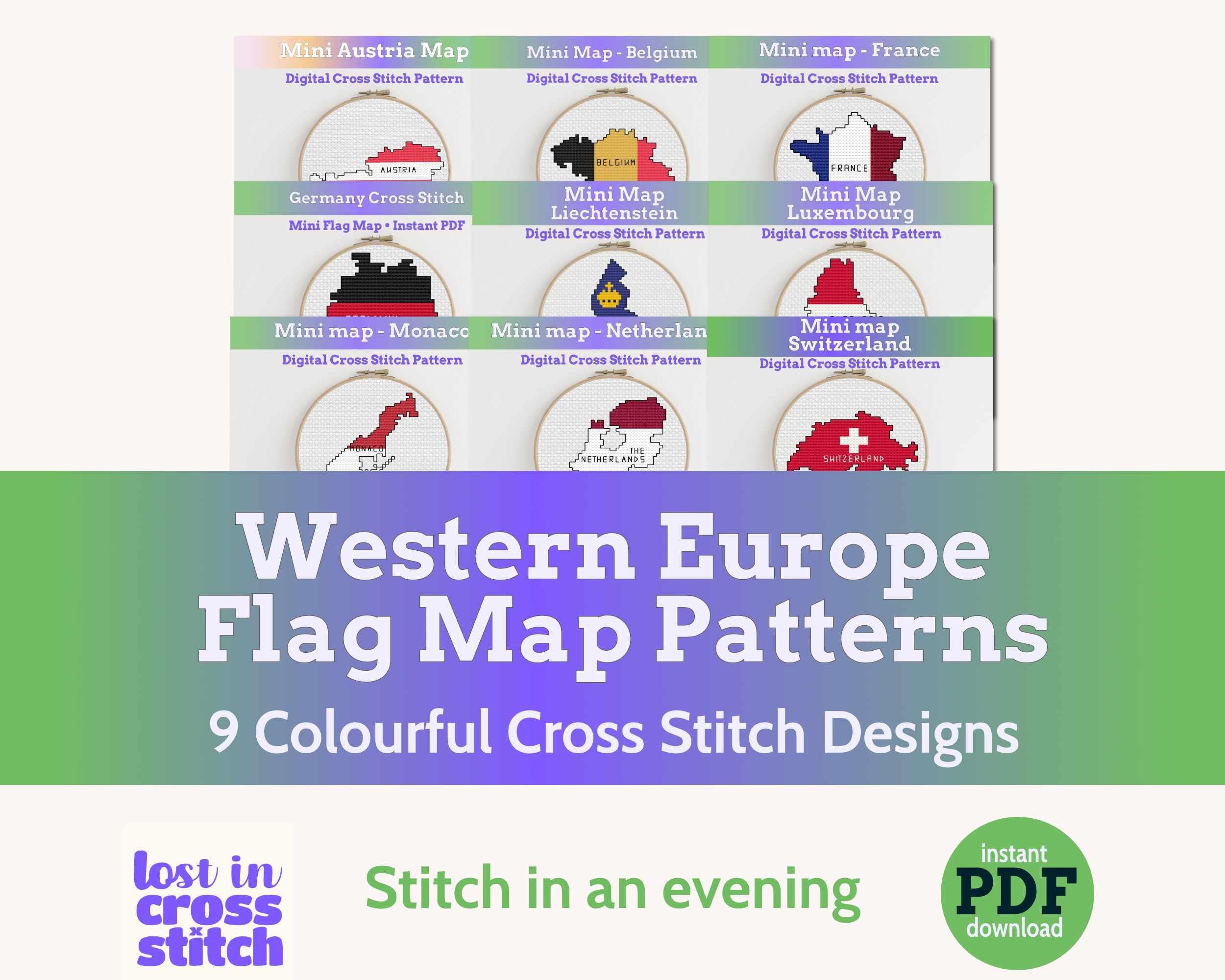 Western Europe Cross Stitch Pattern Bundle: 9 Mini Flag Map Patterns Main image