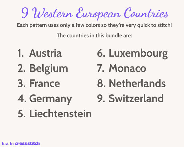 Western Europe Cross Stitch Pattern Bundle: 9 Mini Flag Map Patterns
