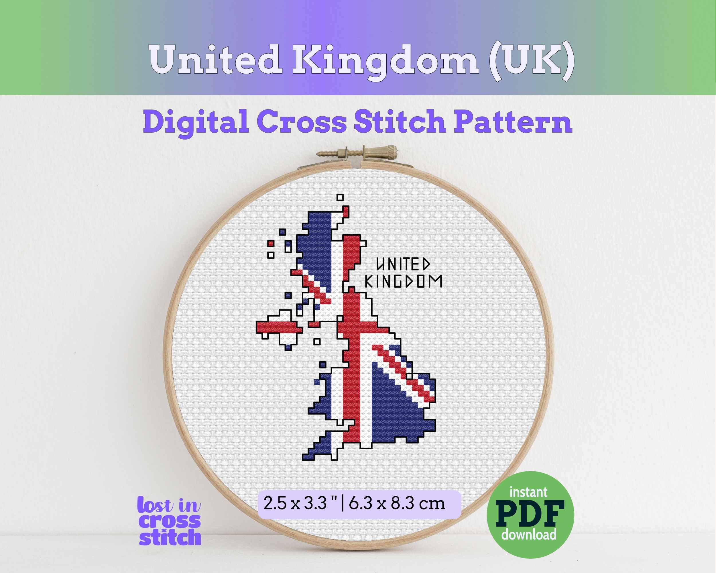United Kingdom Cross Stitch Pattern: UK Map with Union Jack Flag Main image