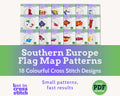 Mediterranean Cross Stitch Pattern Bundle: 18 Southern Europe Flag Map Patterns