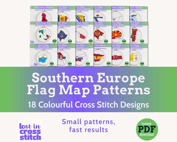 Mediterranean Cross Stitch Pattern Bundle: 18 Southern Europe Flag Map Patterns