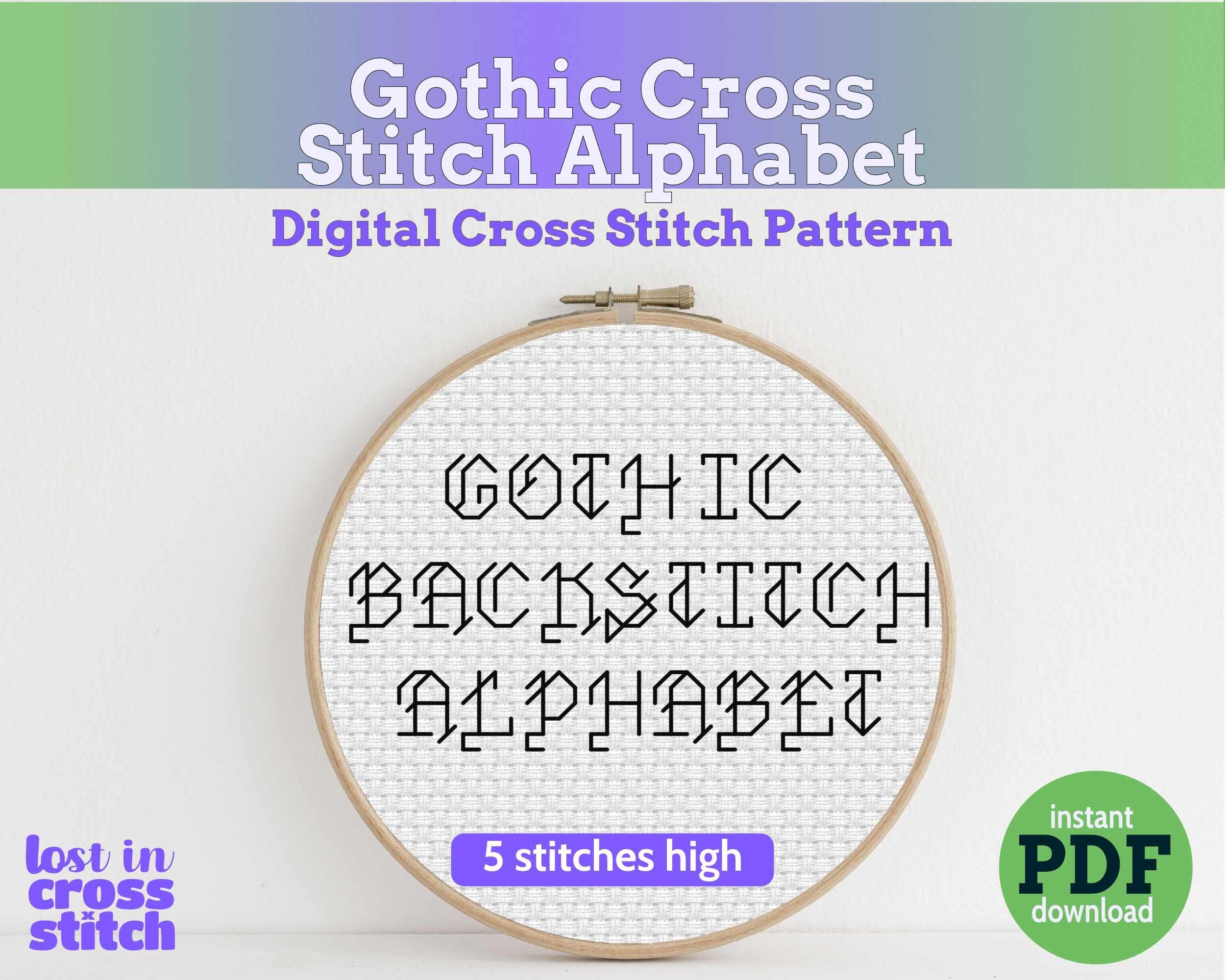 Gothic Backstitch Alphabet Cross Stitch Pattern PDF Main image
