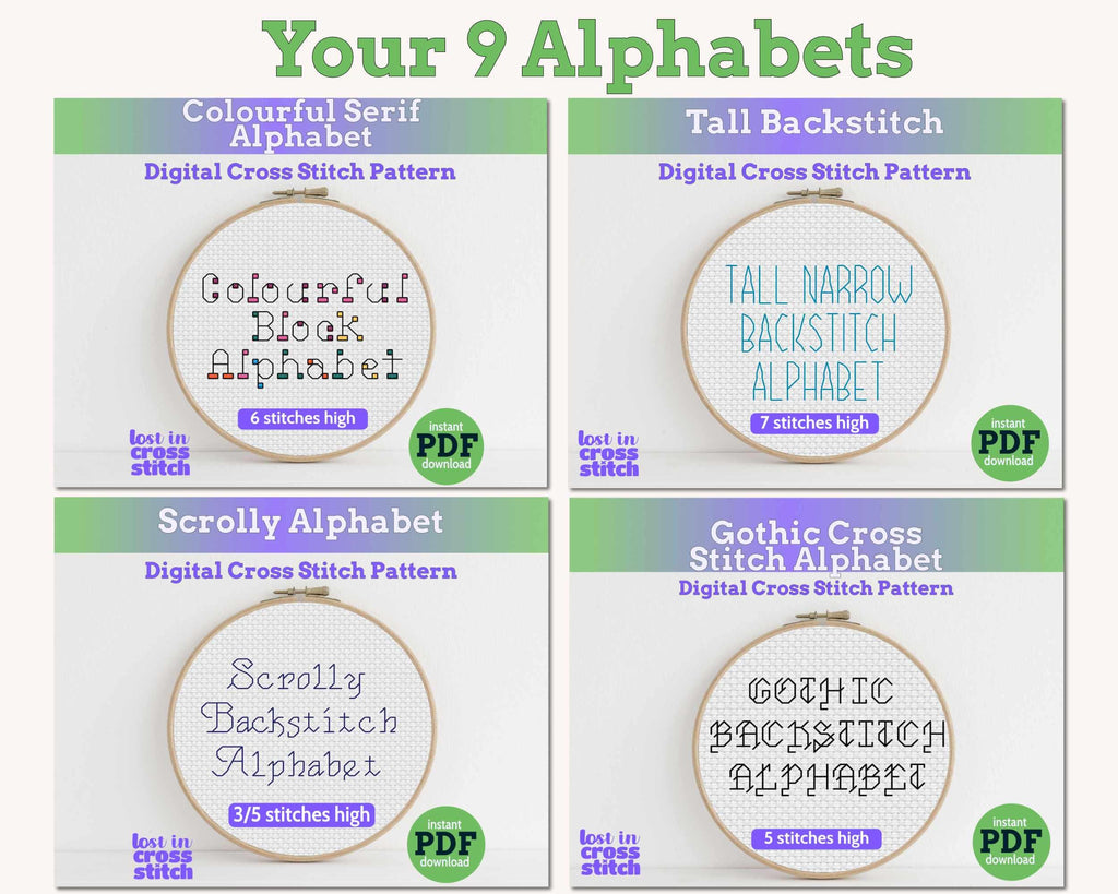 Cross Stitch Font Bundle: 9 Backstitch Alphabets