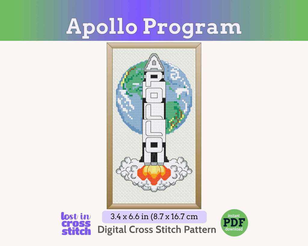 Apollo Saturn V Rocket Cross Stitch Pattern PDF