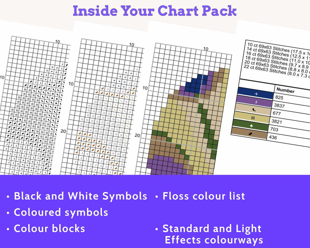 Art Nouveau Peacock Feather Cross Stitch Pattern PDF for metallic floss