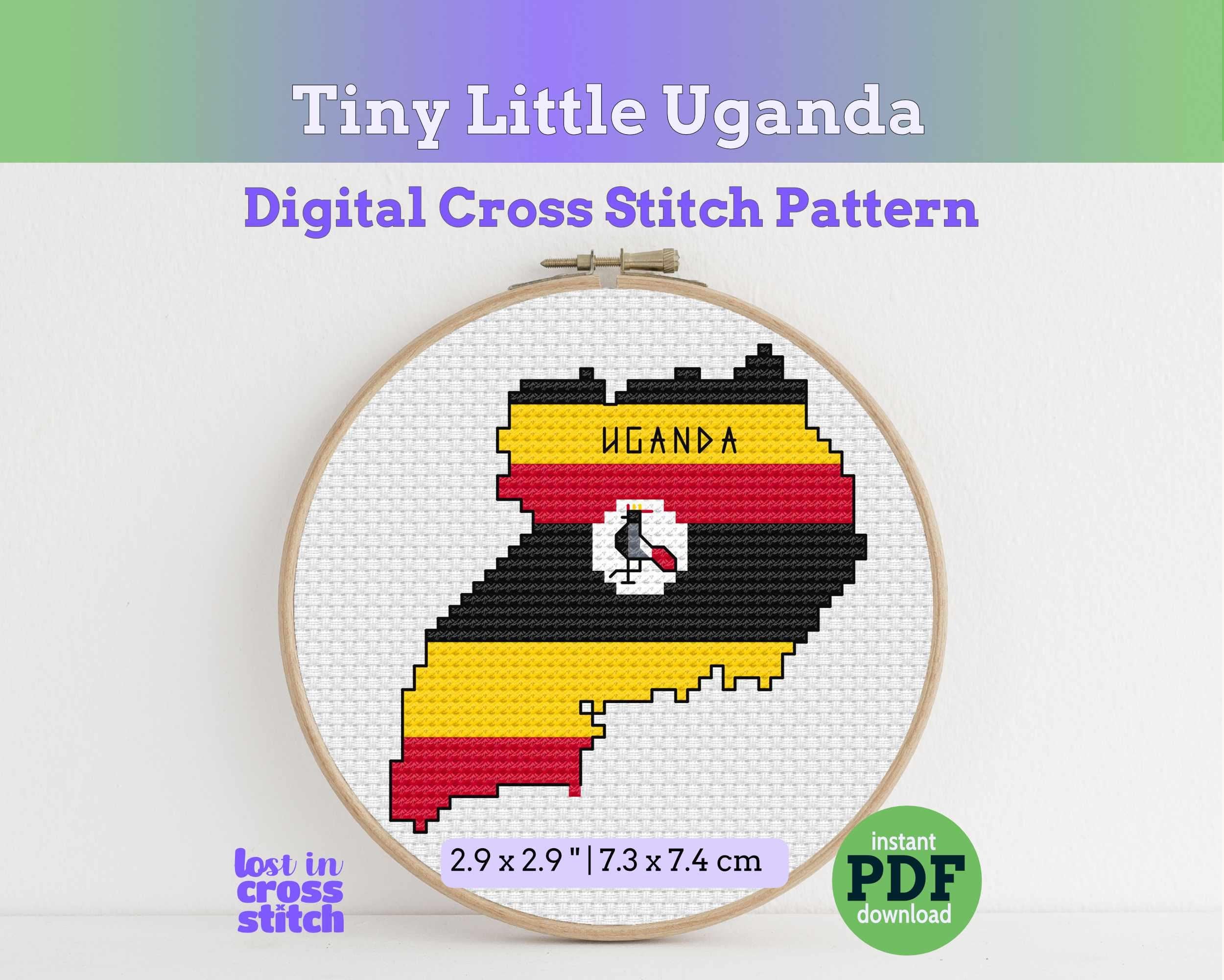 Uganda Cross Stitch Pattern: Tiny Flag Map with Crowned Crane Main image