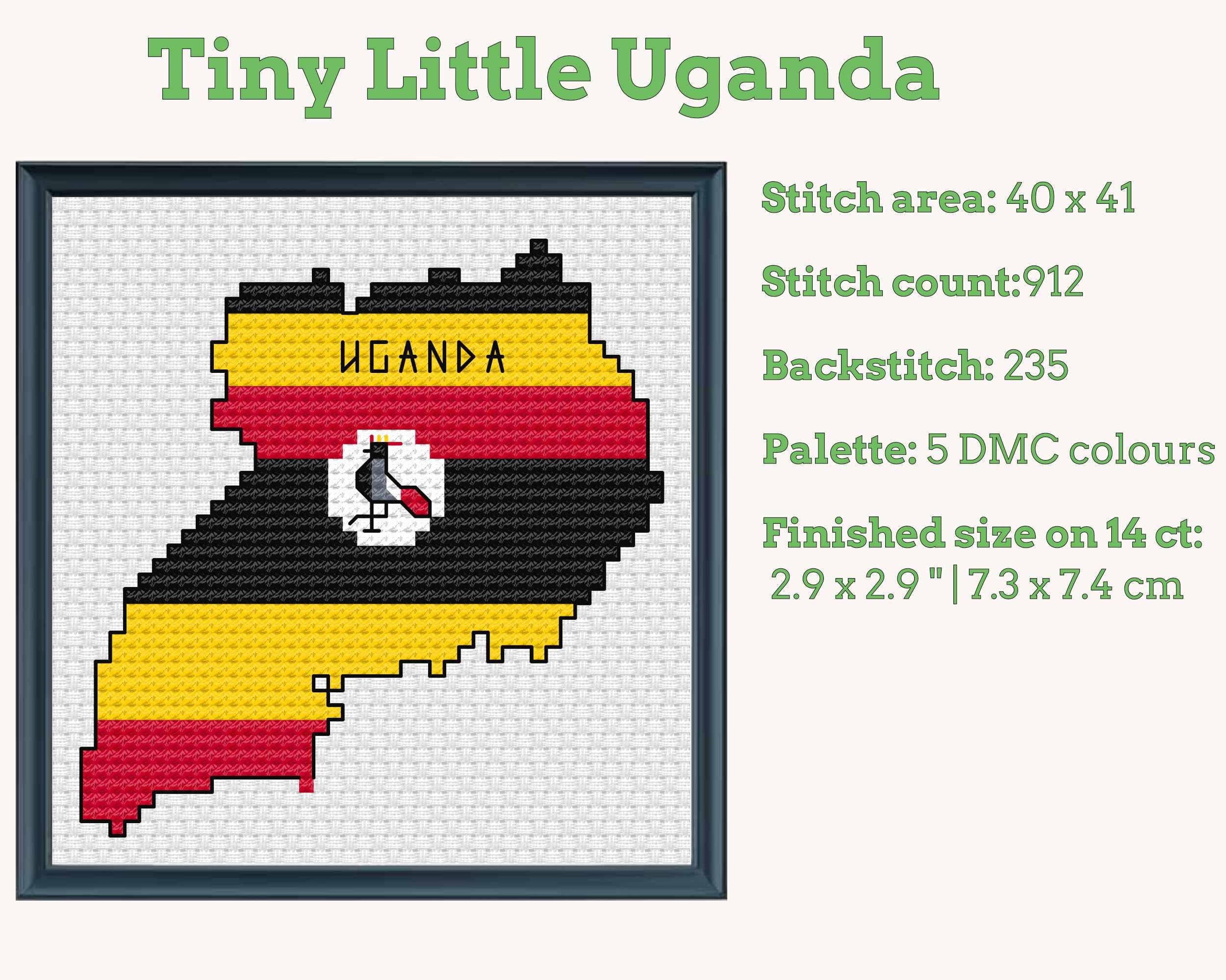 Uganda Cross Stitch Pattern: Tiny Flag Map with Crowned Crane Secondary image