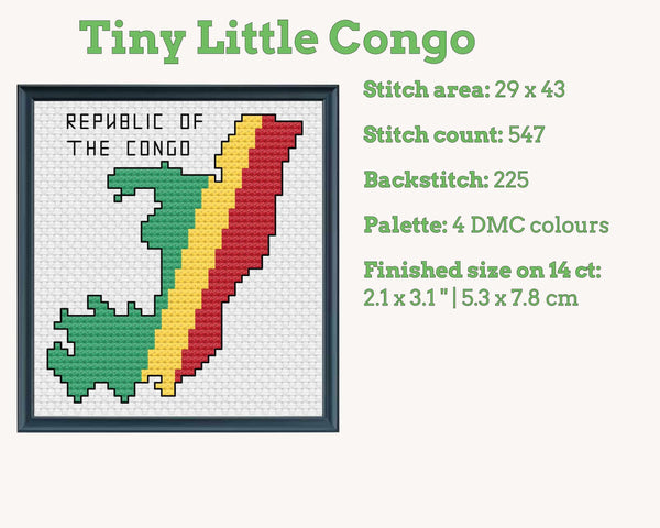 Congo Cross Stitch Pattern: Tiny Flag Map, Republic of the Congo