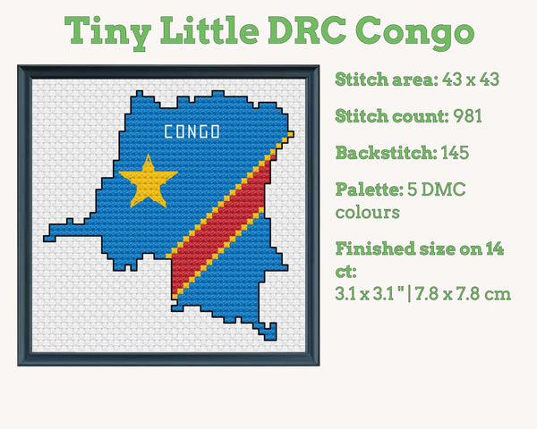 DR Congo Cross Stitch Pattern: Mini Flag Map