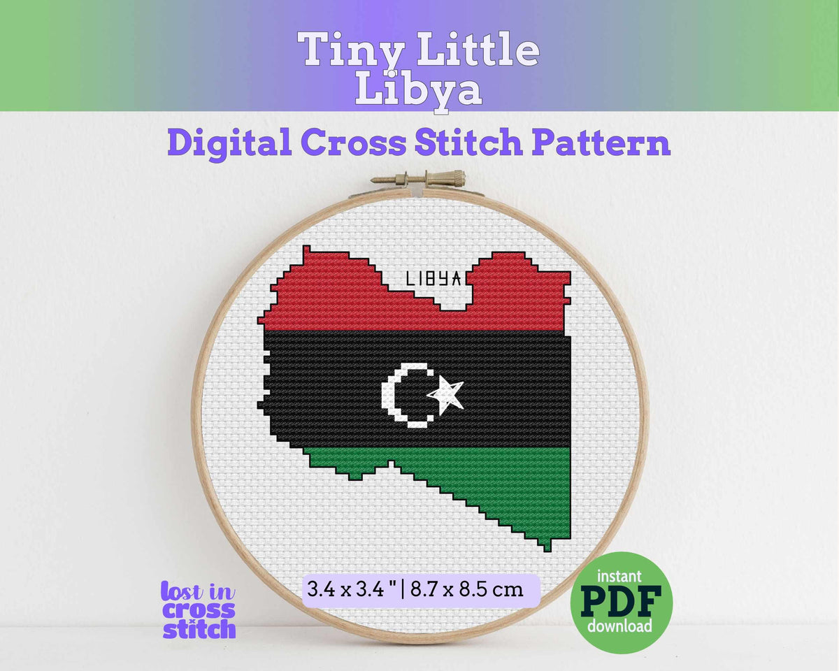 Libya Cross Stitch Pattern, Tiny Flag Map, Tripoli North Africa, Instant PDF Download Main image