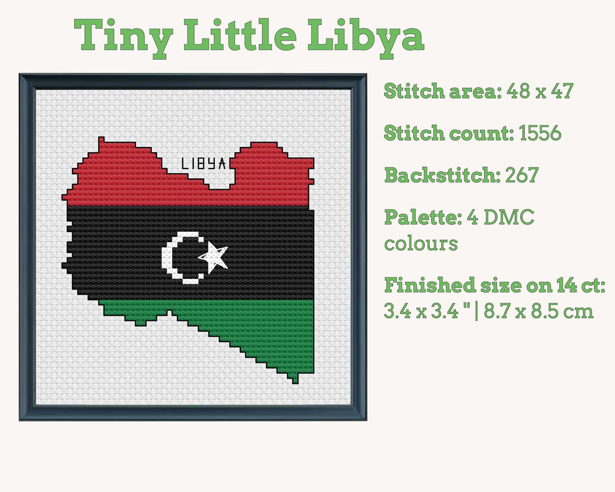 Libya Cross Stitch Pattern, Tiny Flag Map, Tripoli North Africa, Instant PDF Download
