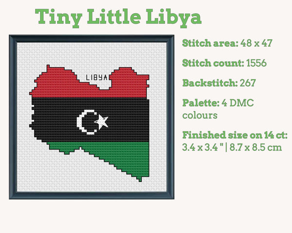 Libya Cross Stitch Pattern, Tiny Flag Map, Tripoli North Africa, Instant PDF Download