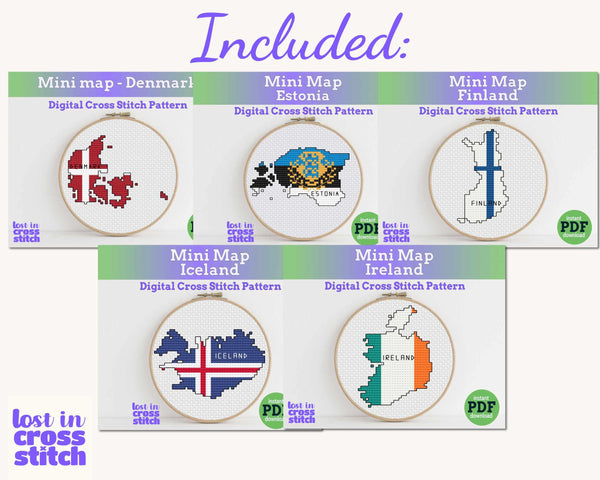 Northern Europe Cross Stitch Pattern Bundle: 10 Mini Flag Map Patterns