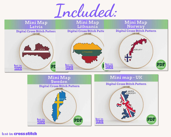 Northern Europe Cross Stitch Pattern Bundle: 10 Mini Flag Map Patterns