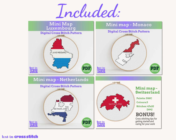 Western Europe Cross Stitch Pattern Bundle: 9 Mini Flag Map Patterns
