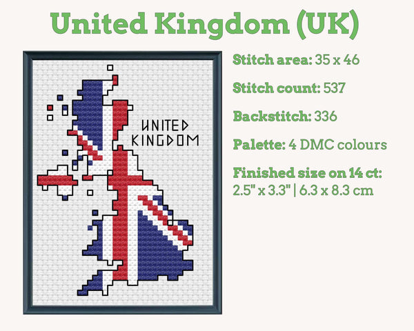 United Kingdom Cross Stitch Pattern: UK Map with Union Jack Flag