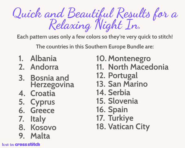 Mediterranean Cross Stitch Pattern Bundle: 18 Southern Europe Flag Map Patterns