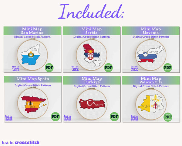 Mediterranean Cross Stitch Pattern Bundle: 18 Southern Europe Flag Map Patterns