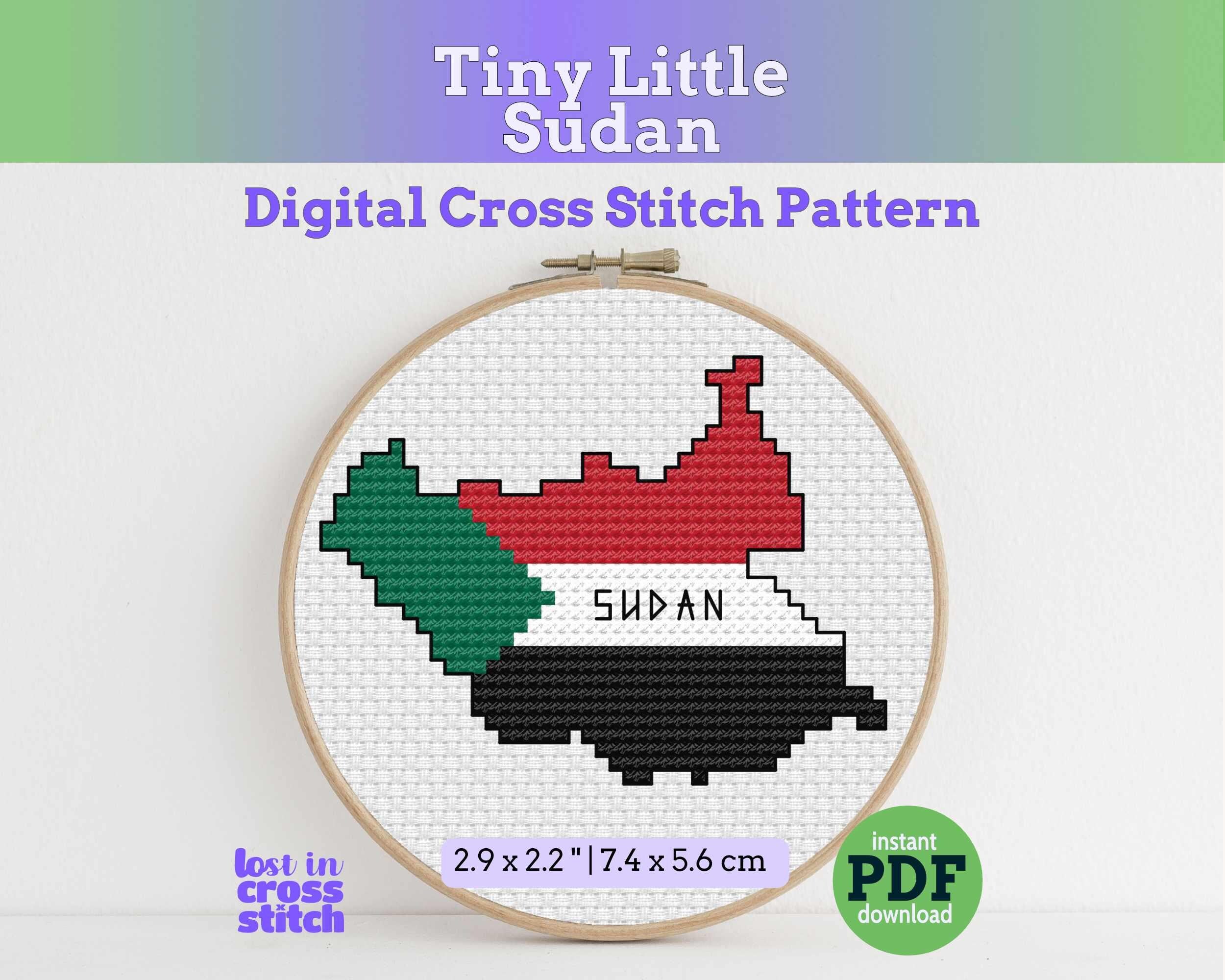 Sudan Cross Stitch Pattern, Tiny Flag Map, Sudanese Heritage Gift, Instant PDF Download Main image