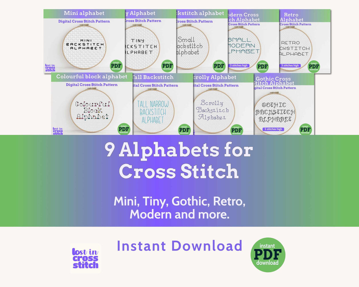Cross Stitch Font Bundle: 9 Backstitch Alphabets Main image