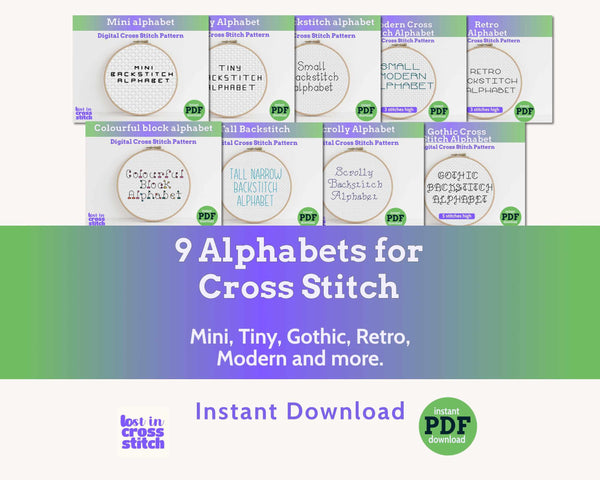 Cross Stitch Font Bundle: 9 Backstitch Alphabets