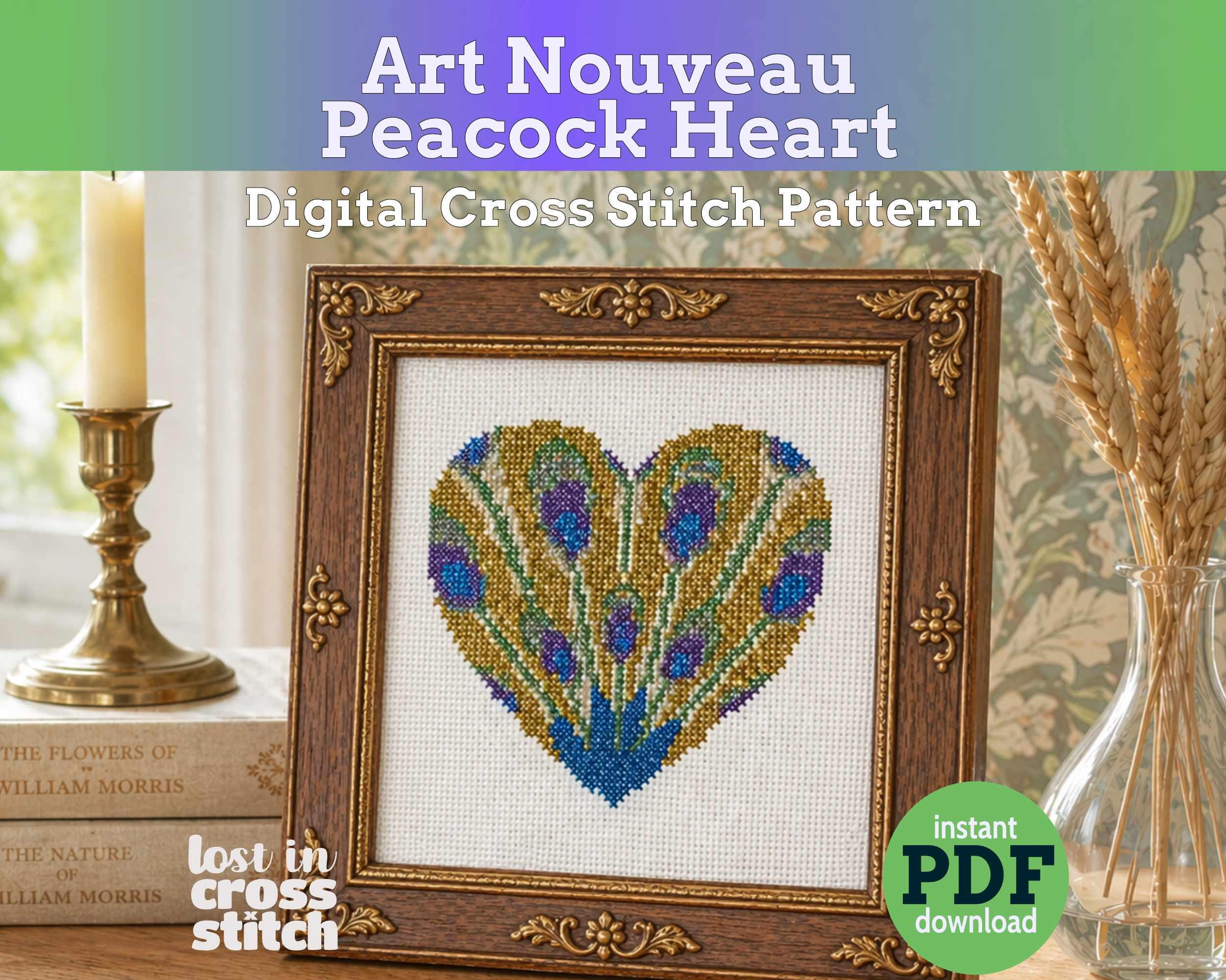 Digital cross stitch pattern of an Art Nouveau peacock heart in a wooden frame, with 'lost in cross stitch' branding. Main image