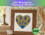 Digital cross stitch pattern of an Art Nouveau peacock heart in a wooden frame, with 'lost in cross stitch' branding.