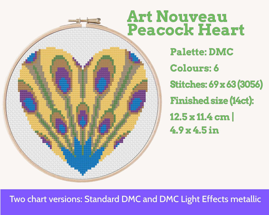 Art Nouveau Peacock Feather Cross Stitch Pattern PDF for metallic floss