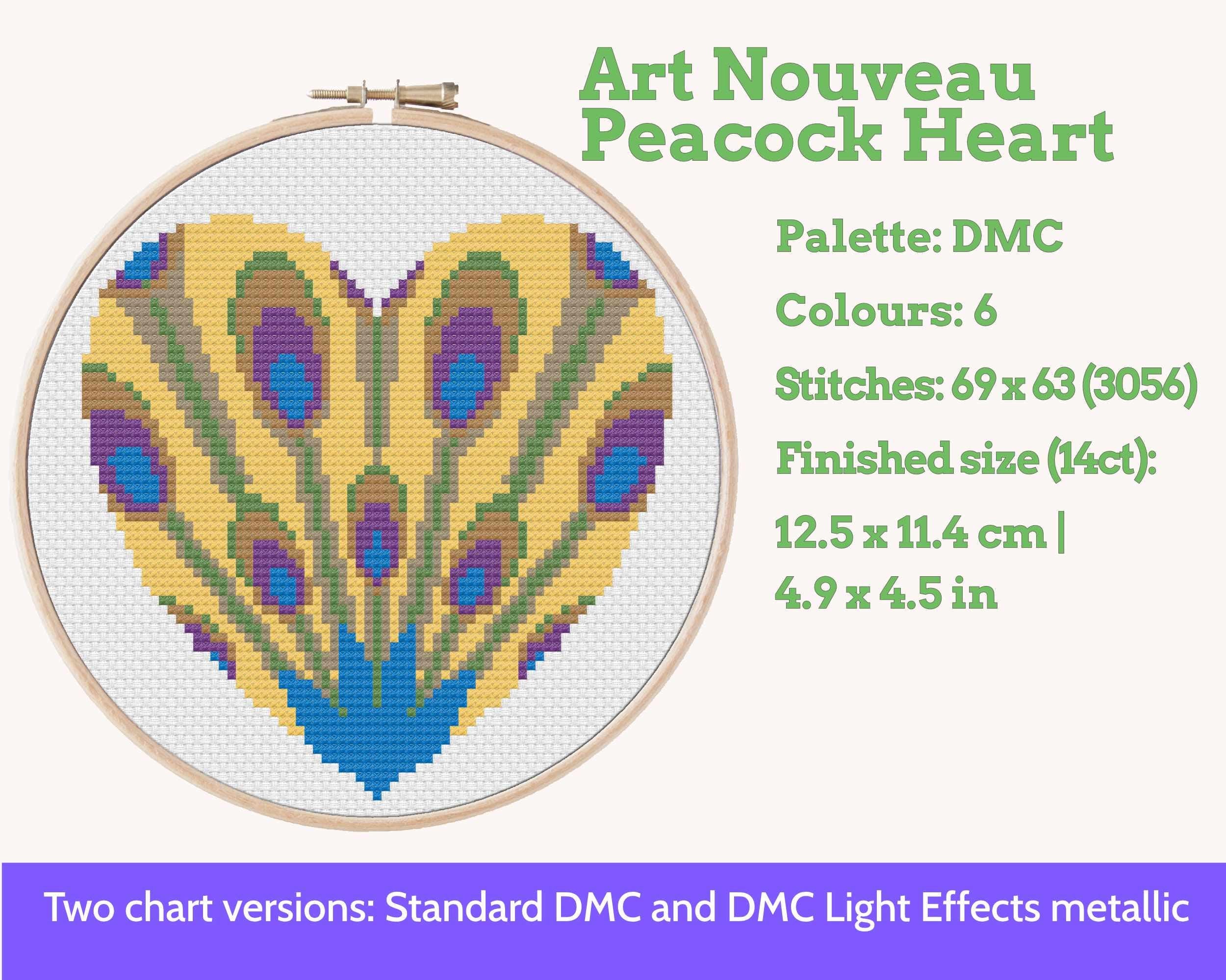 Art Nouveau Peacock Feather Cross Stitch Pattern PDF for metallic floss