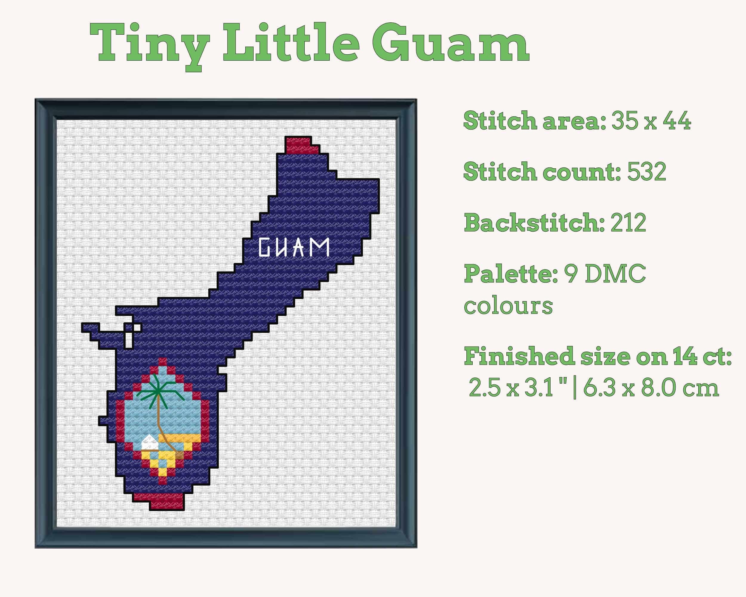 Guam Cross Stitch Pattern: Tiny Flag Map with Seal