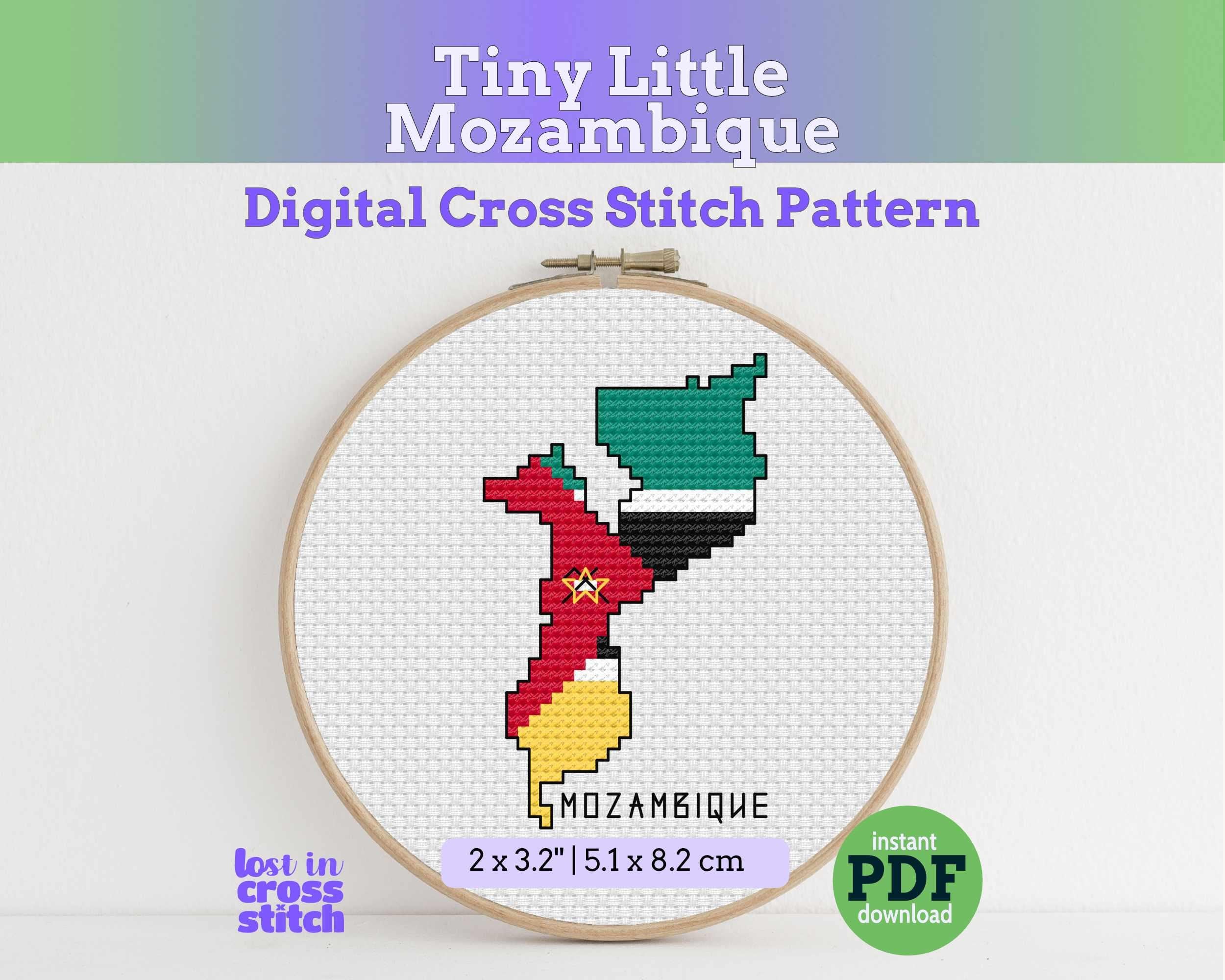 Mozambique Cross Stitch Pattern: Tiny Flag Map with Star Main image