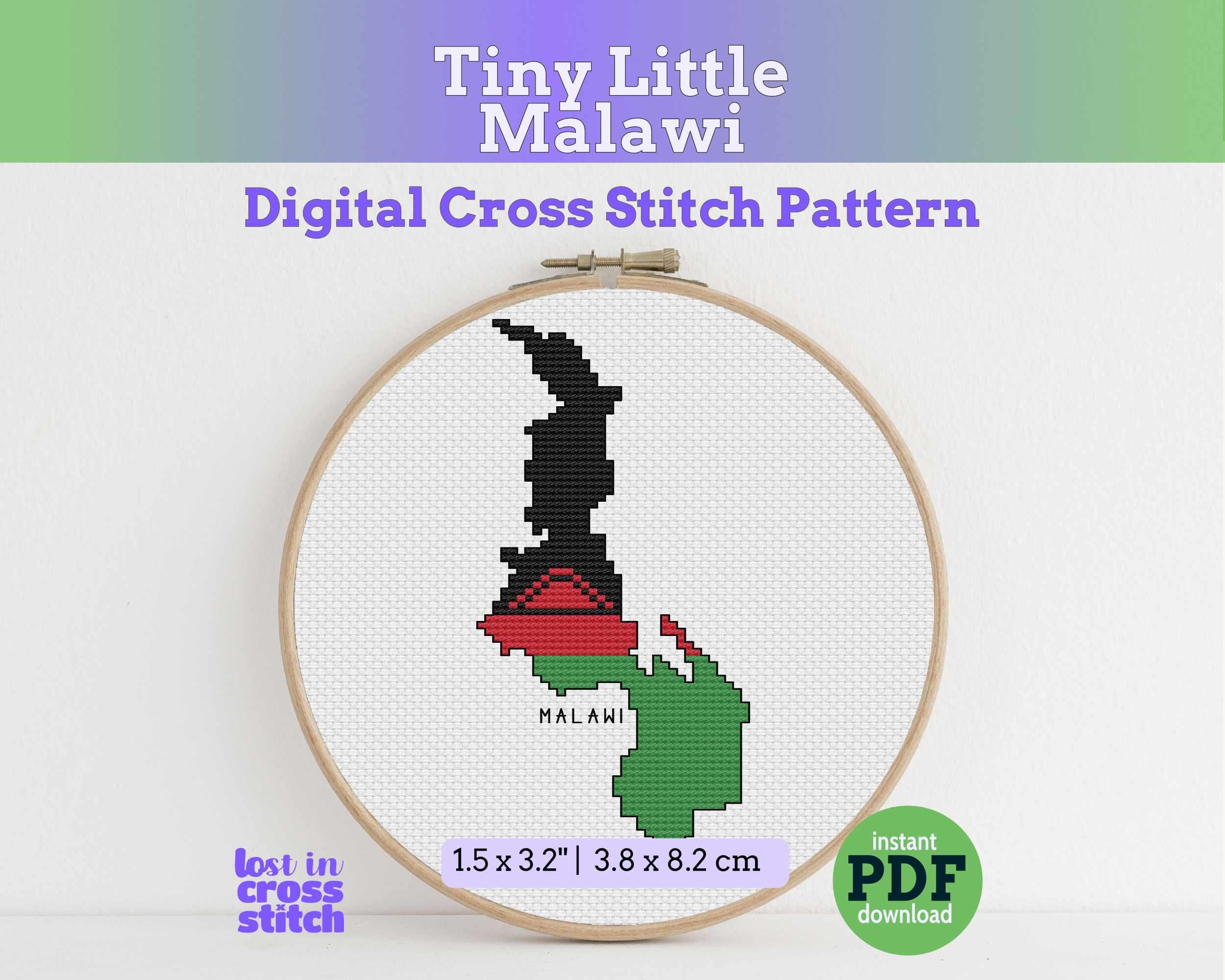 Malawi Cross Stitch Pattern: Tiny Flag Map with Rising Sun Main image