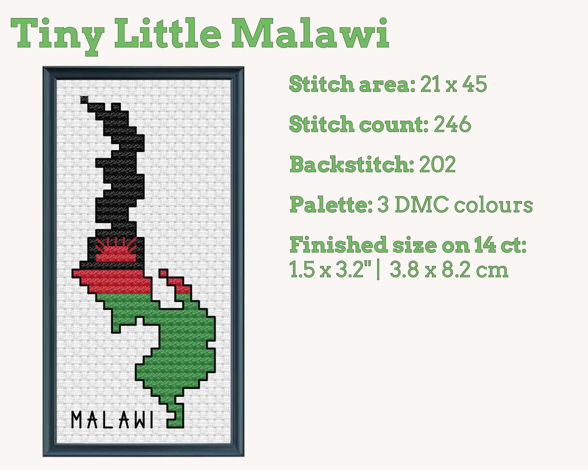 Malawi Cross Stitch Pattern: Tiny Flag Map with Rising Sun