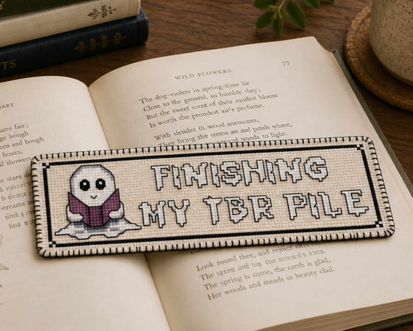 Cross Stitch Bookmark Pattern: Bookish Ghost, Finishing My TBR Pile