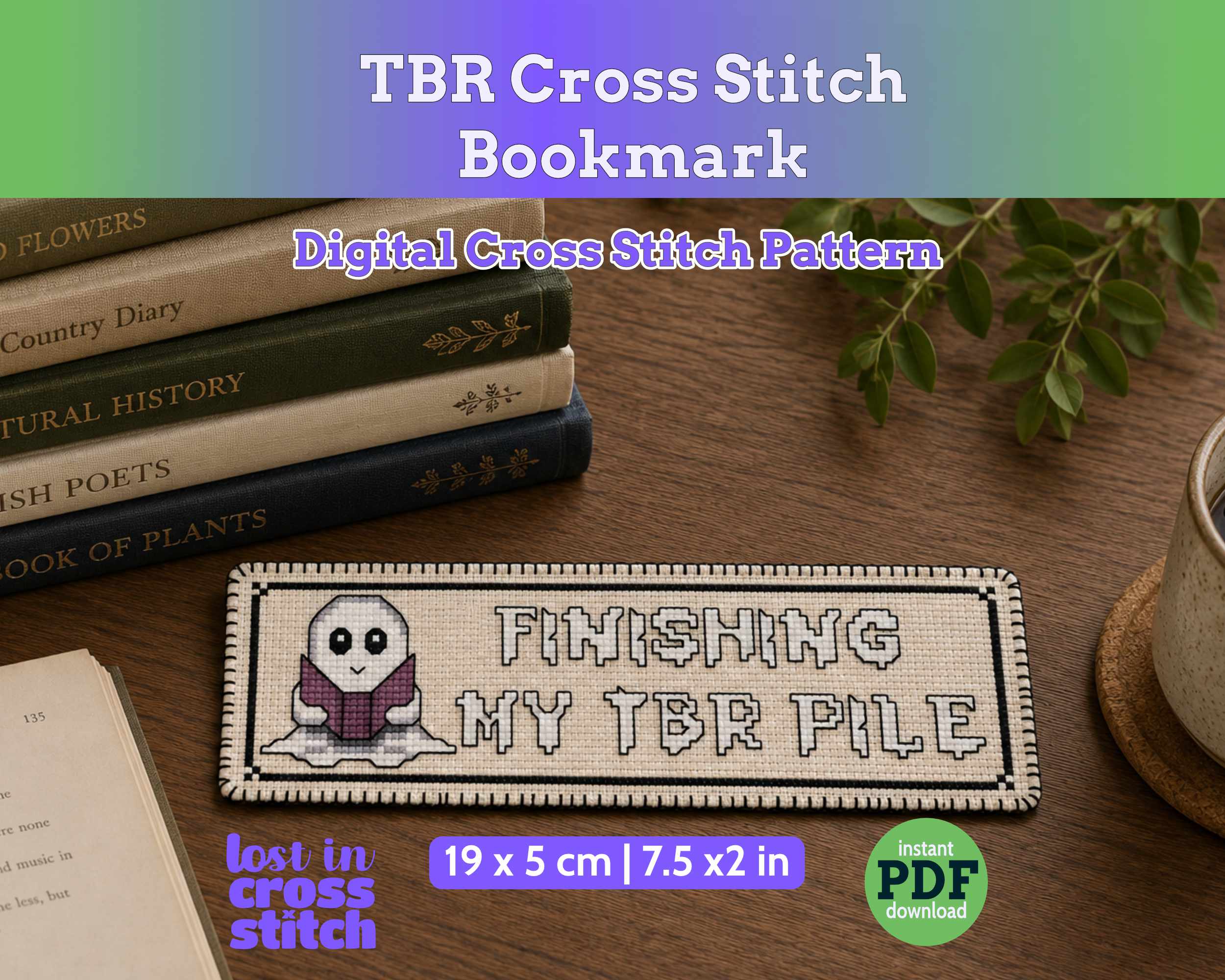 Cross Stitch Bookmark Pattern: Bookish Ghost, Finishing My TBR Pile Main image