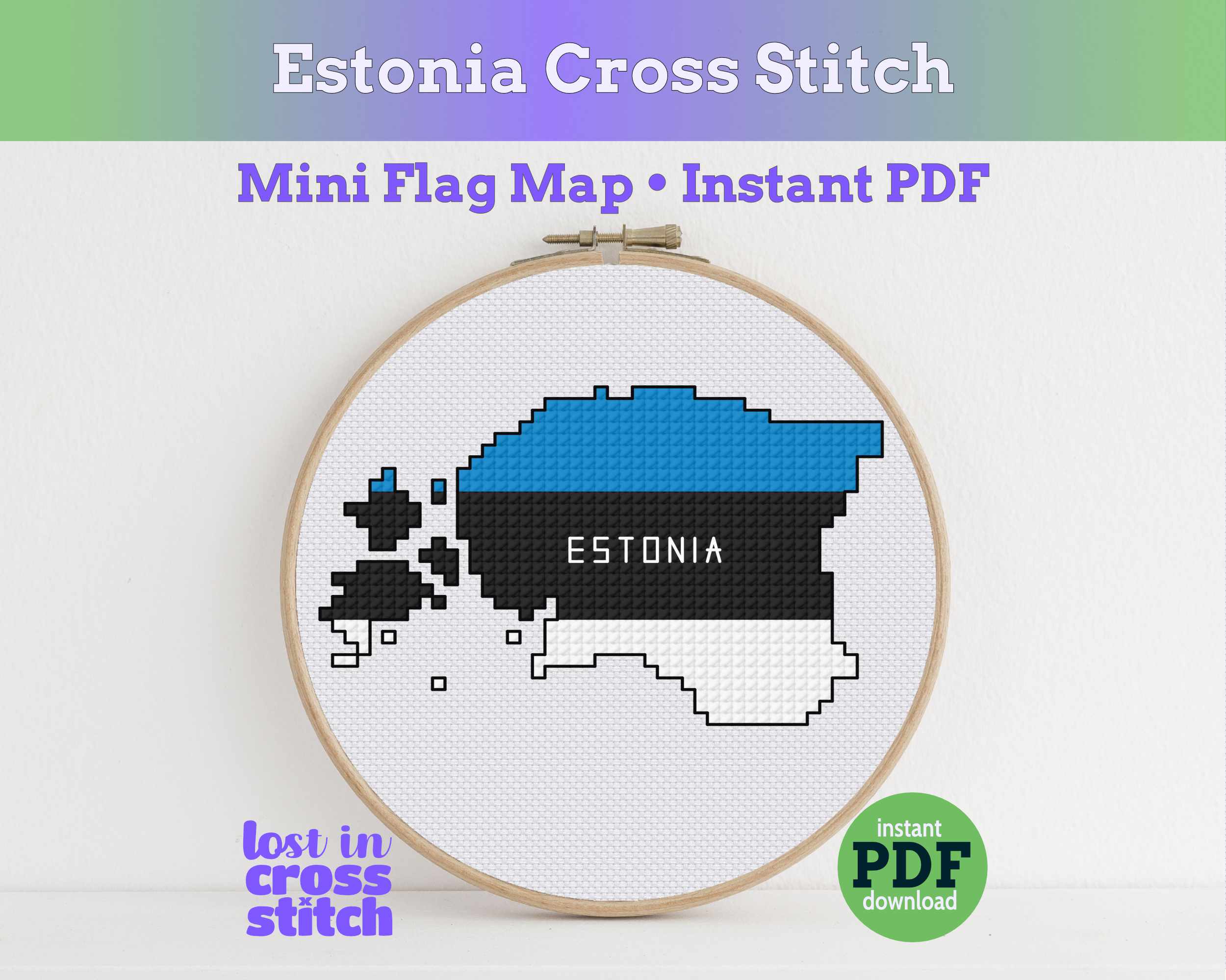 Cross stitch pattern of Estonia with text 'Estonia Cross Stitch' . Main image