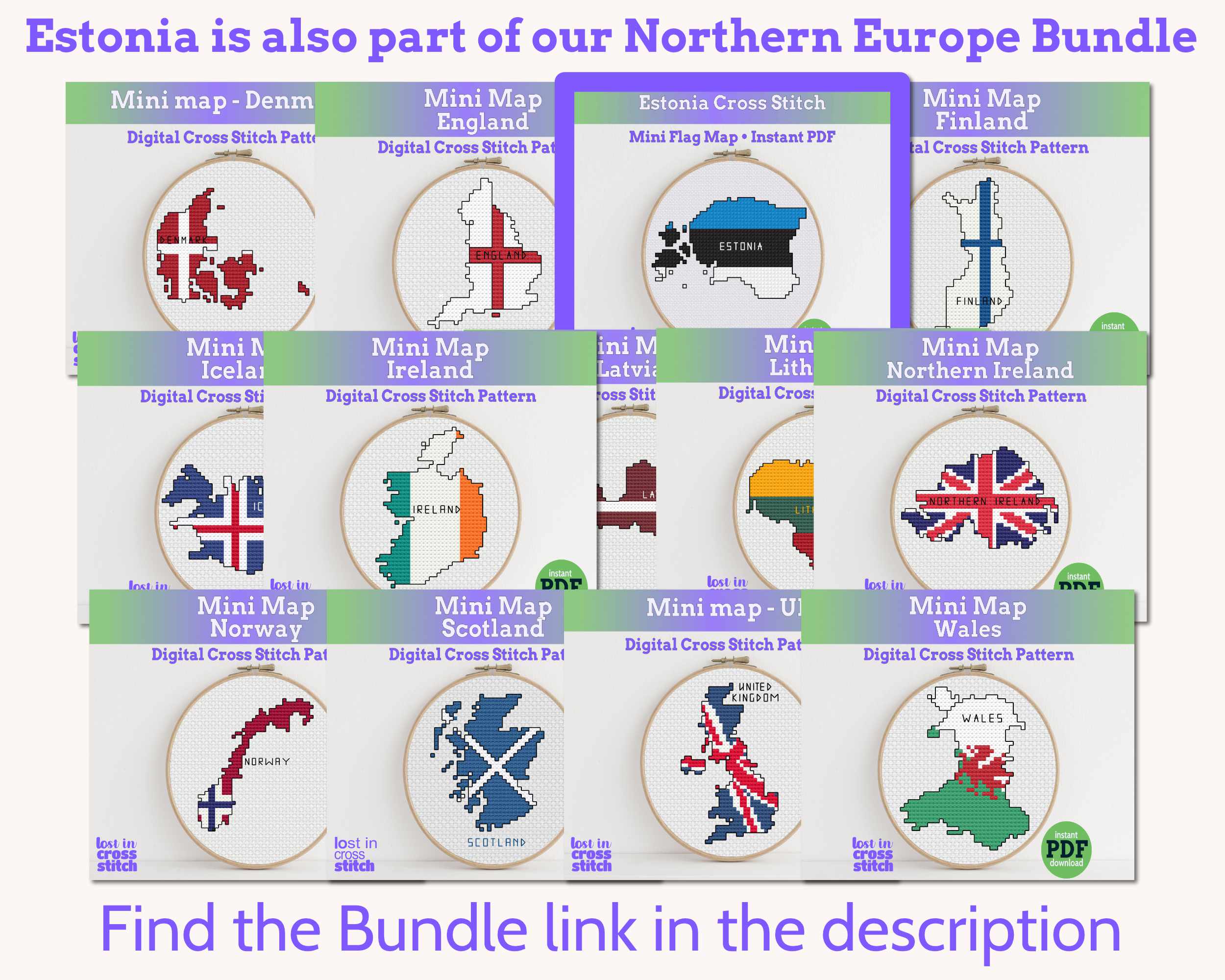 Estonia Cross Stitch Pattern: Tiny Flag Map Secondary image