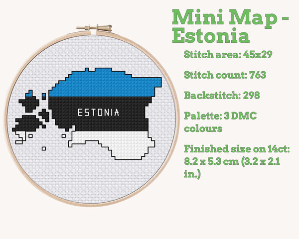 Estonia Cross Stitch Pattern: Tiny Flag Map