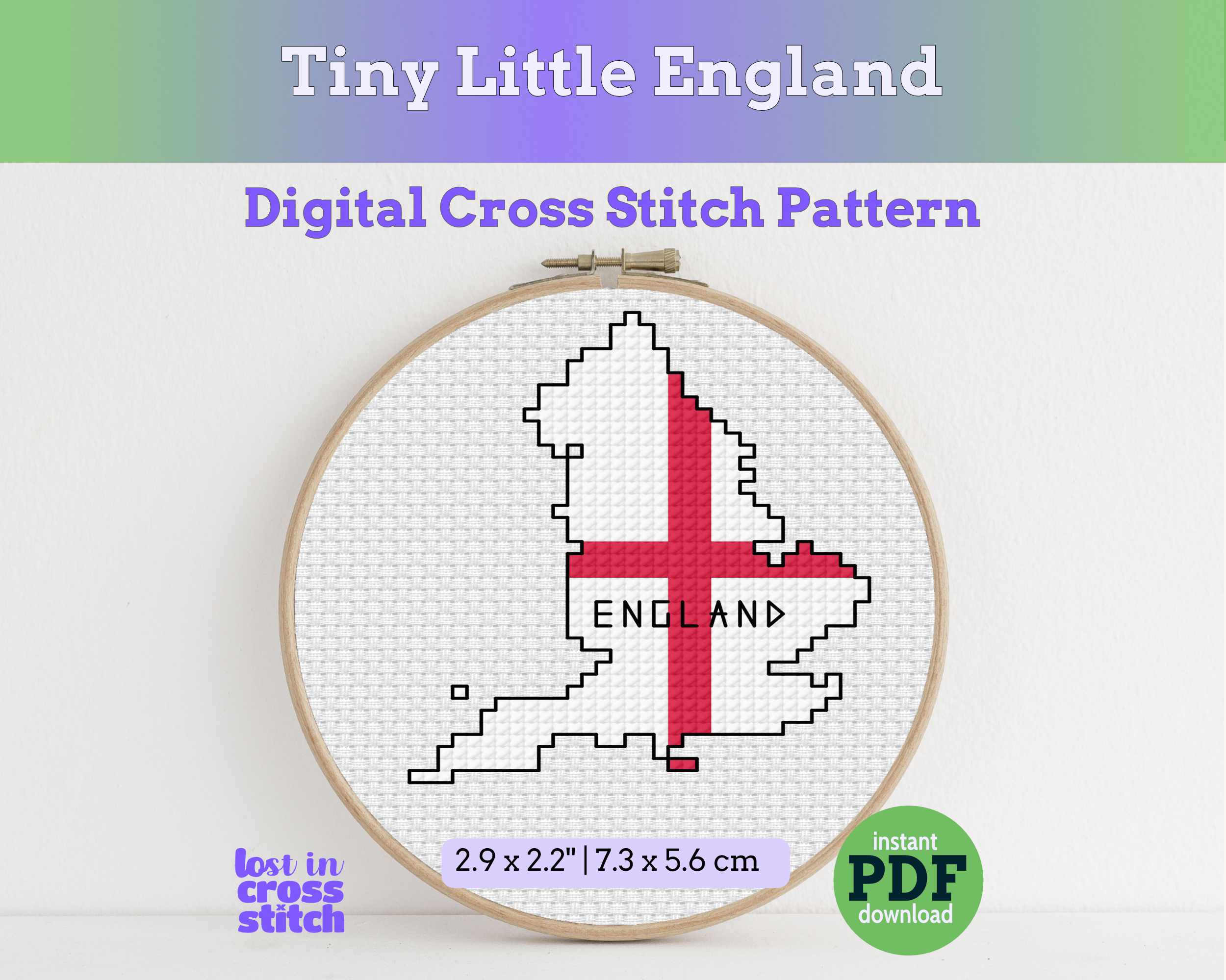 Cross stitch pattern of England with a red cross on a white background, framed in an embroidery hoop. Main image