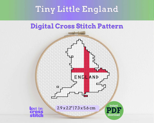 Cross stitch pattern of England with a red cross on a white background, framed in an embroidery hoop.