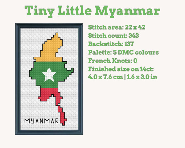 Myanmar Cross Stitch Pattern: Mini Flag Map