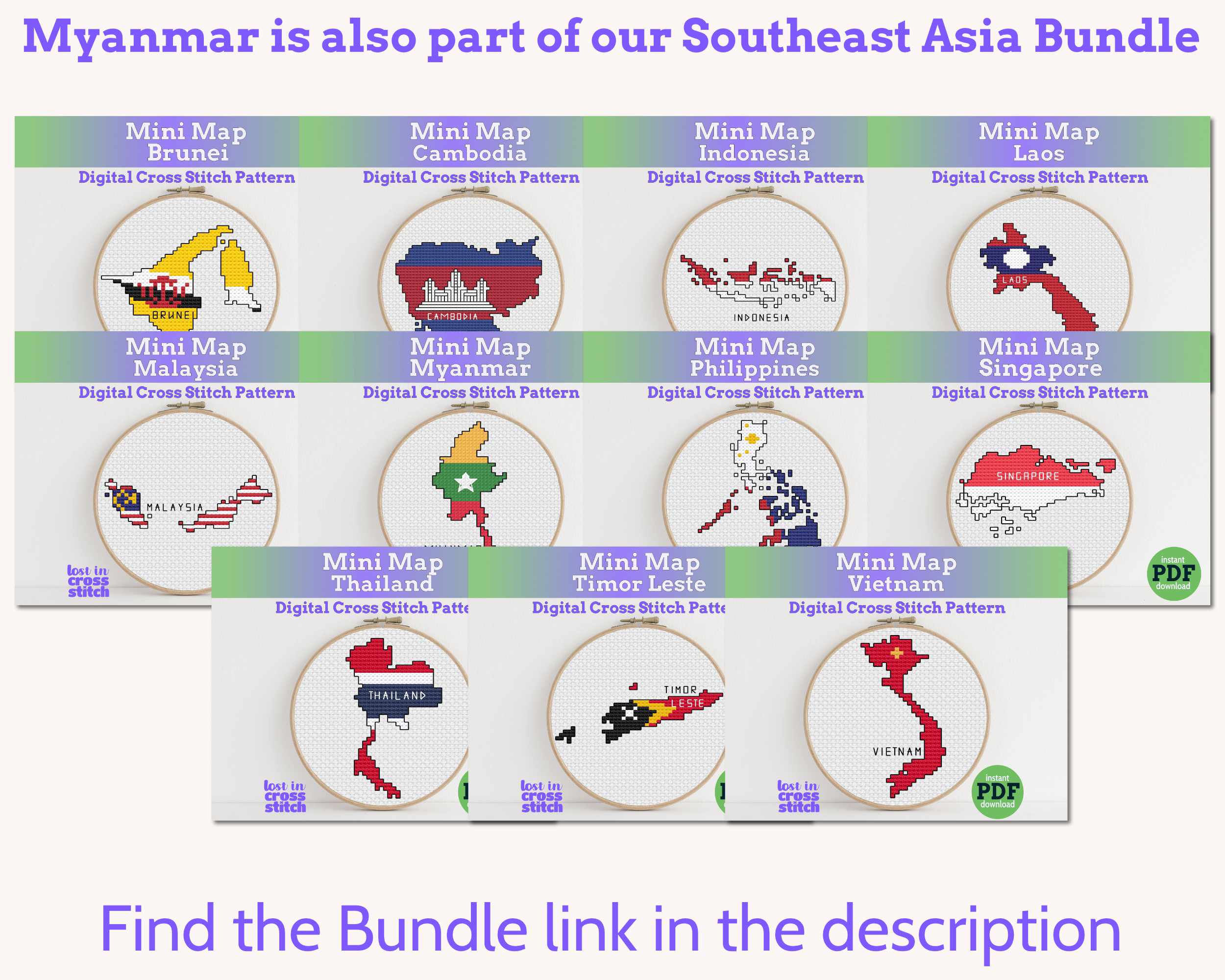 Myanmar Cross Stitch Pattern: Mini Flag Map
