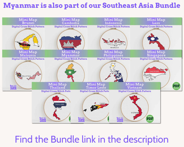 Myanmar Cross Stitch Pattern: Mini Flag Map
