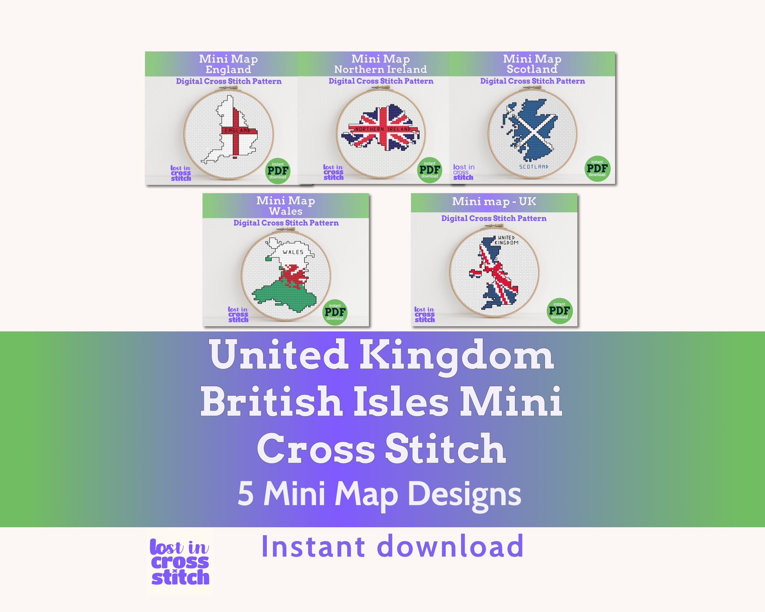 British Isles Cross Stitch Pattern Bundle: 5 Mini Flag Map Patterns Main image