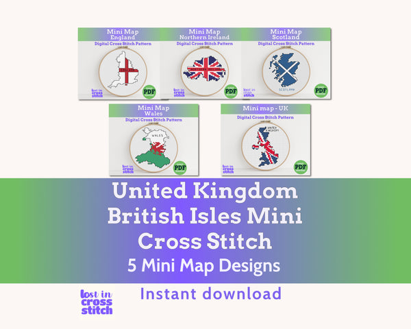 British Isles Cross Stitch Pattern Bundle: 5 Mini Flag Map Patterns