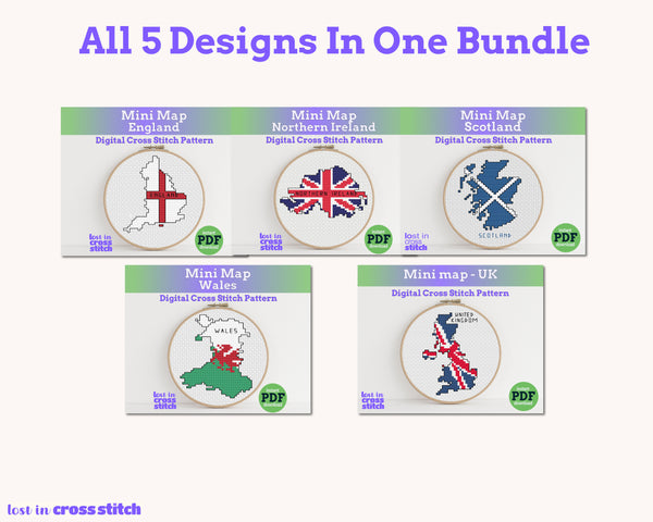 British Isles Cross Stitch Pattern Bundle: 5 Mini Flag Map Patterns