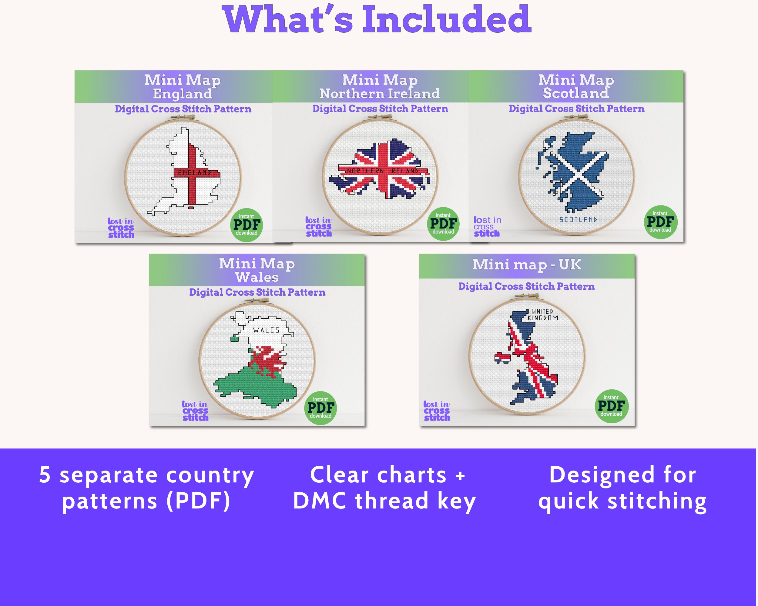 British Isles Cross Stitch Pattern Bundle: 5 Mini Flag Map Patterns Secondary image