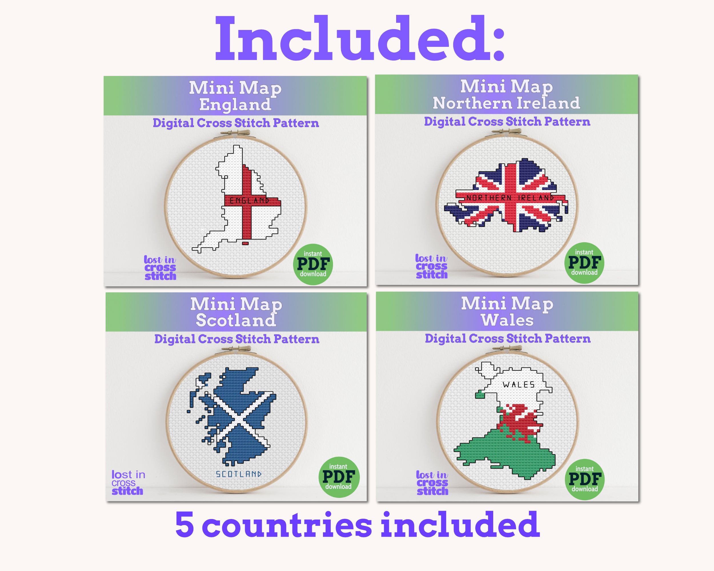 British Isles Cross Stitch Pattern Bundle: 5 Mini Flag Map Patterns