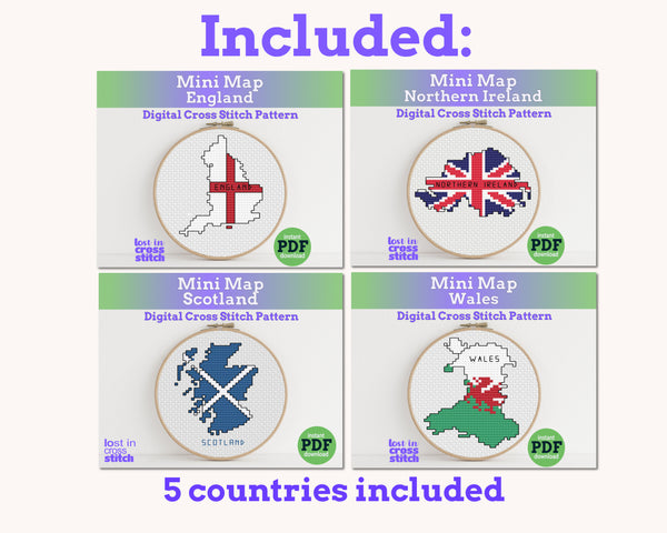 British Isles Cross Stitch Pattern Bundle: 5 Mini Flag Map Patterns