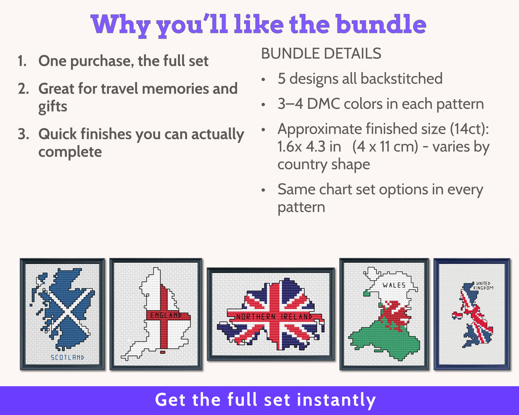 British Isles Cross Stitch Pattern Bundle: 5 Mini Flag Map Patterns